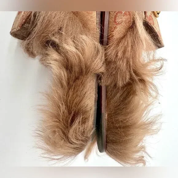 Gucci Princetown Horsebit Brown GG Print Canvas Fur Slippers Loafers US 7 EU 41